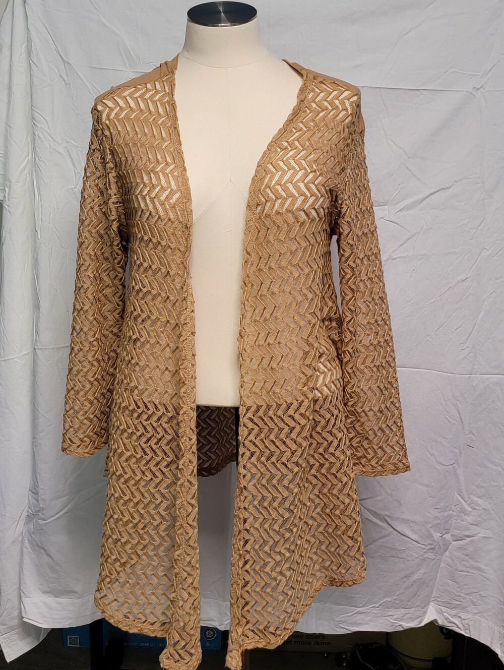 Tan Open-Front Sheer Open Weave Design Duster Cardigan